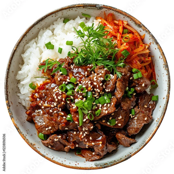 Fototapeta Bulgogi served on a plate with rice and vegetables, top view angle, studio photo, showcasing the vibrant colors and textures of the dish, isolated for clarity.