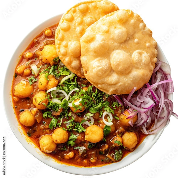 Fototapeta Chole Bhature served on a plate, captured from the top view, showcasing the rich textures and colors of this Indian dish in a professional food photo.