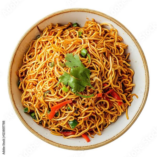 Fototapeta Chow Mein in a white bowl viewed from the top, showcasing the intricate noodles and colorful vegetables, photographed against a plain background for clarity.