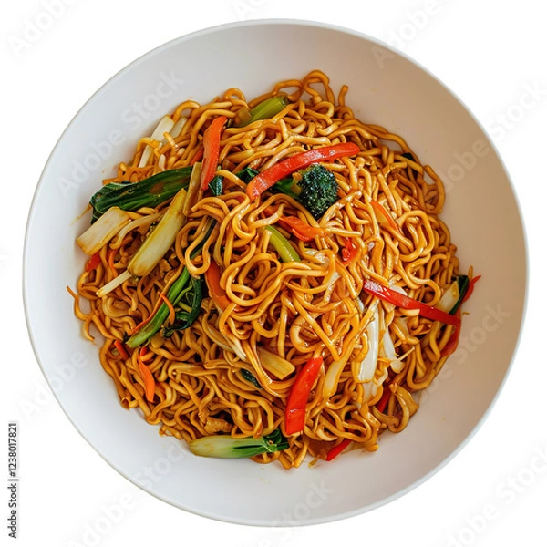 Fototapeta Chow Mein served in a bowl seen from the top view, showcasing noodles, vegetables, and proteins, isolated on a clean background, professional food image.