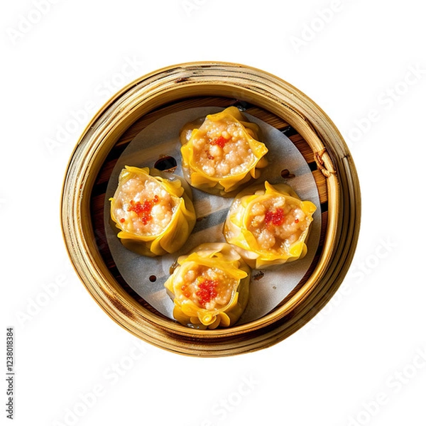 Fototapeta Dim sum platter presented in a top view layout, showcasing various dumplings and rolls, professional food photo with an isolated background.