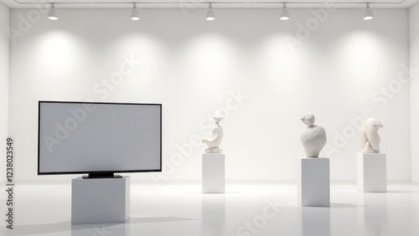 Obraz 3D TV Mockup on Stand, Art gallery minimalist sculptures spotlighting innovative 3D TV on artistic stand photorealistic