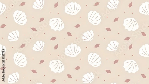 Fototapeta Seashell pattern on a soft beige background with decorative elements and copy space