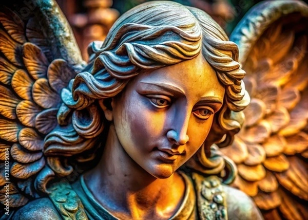Obraz Macro photography unveils the exquisite detail of a religious angel sculpture's wings, showcasing artistic stonework.
