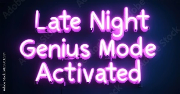 Fototapeta Glowing neon letters spelling Late Night Genius Mode Activated with a vibrant glow set against a dark background creating a bold high-contrast ambiance with a futuristic feel