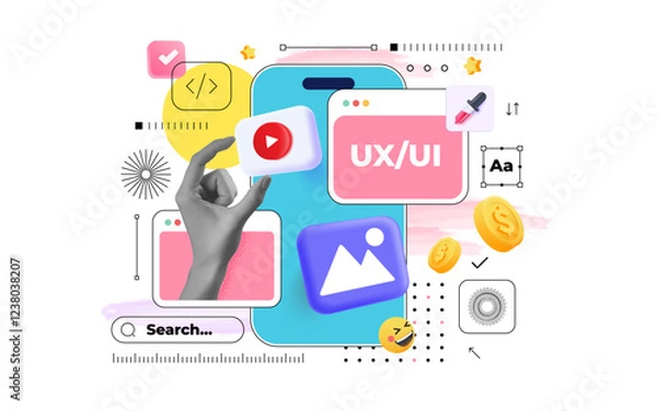 Fototapeta Contemporary art collage. Modern collage concept of web design and development. Creative concept for web banner, social media banner, business presentation, marketing material. Vector illustration