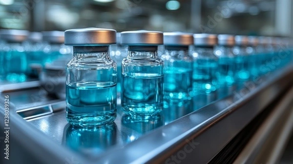 Fototapeta Glass vials containing vibrant blue liquid are neatly arranged in a laboratory