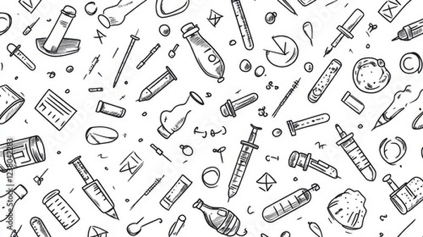 Obraz Hand-drawn science and education vector pattern with laboratory equipment, chemistry glassware, physics formulas, and medical symbols in line art sketch style – abstract scientific background for stem