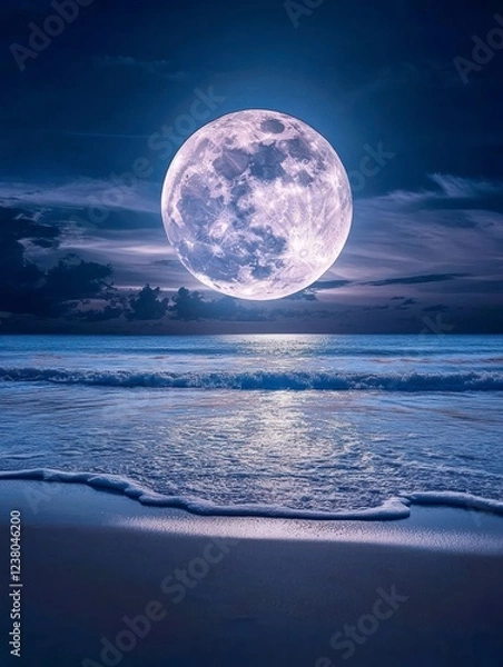 Fototapeta Photograph of a full moon over the ocean at night, with a dark blue sky and soft waves on the shore, in a minimalist style. 