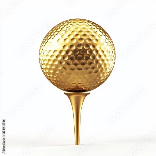 Fototapeta Golden golf ball on a tee, with sunlight reflecting off it, placed on a bright white background