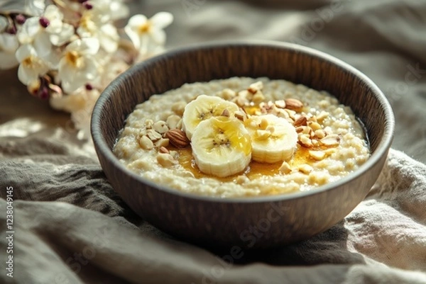Fototapeta Delicious oatmeal bowl with bananas and nuts in warm morning light