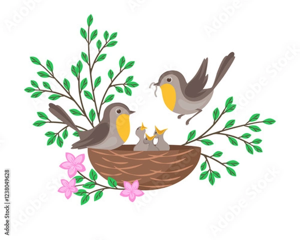 Obraz Bird nest with screaming chicks and caring parents. Flat vector illustration of spring birds family.