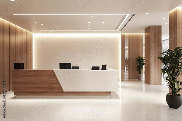Fototapeta Corporate branding identity logo display white blank frame mockup with modern business offices reception background as banner with copy space area mock up