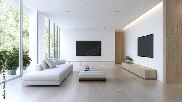 Fototapeta Spacious and Modern Living Room with Minimalist Design and Large Windows Offering Natural Light