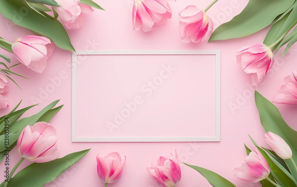 Fototapeta Flat lay of pink tulips with green leaves surrounding a blank white frame on a soft pink background
