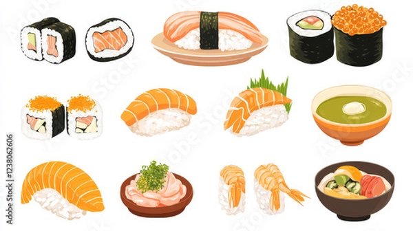 Fototapeta Japanese cuisine restaurant menu template. Salmon, tuna and scallop sashimi, nigiri sushi, green tea and soba soup, marinated ginger, prawn soup and maki sushi rolls, noodle soup with pork ramen