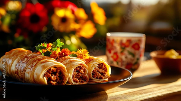 Obraz Turkish Borek pastry rolls, filled with spiced ground beef and served with yogurt in a warm Anatolian home, Middle Eastern baked goods, hearty delight