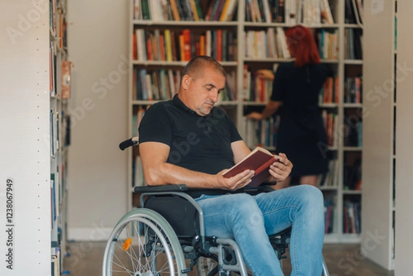 Fototapeta Man in wheelchair reading a book in library while librarian searching for a book