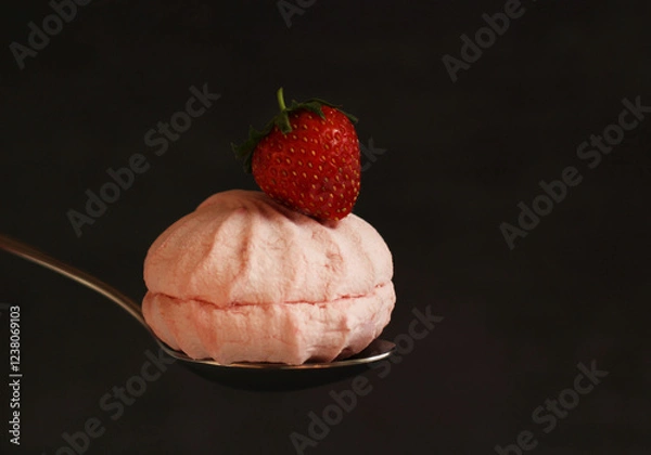 Fototapeta Dessert berry pink marshmallow with strawberries cut on a spoon on a dark background