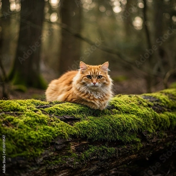 Obraz Ginger cat napping peacefully on a moss-covered log in a sunlit forest.