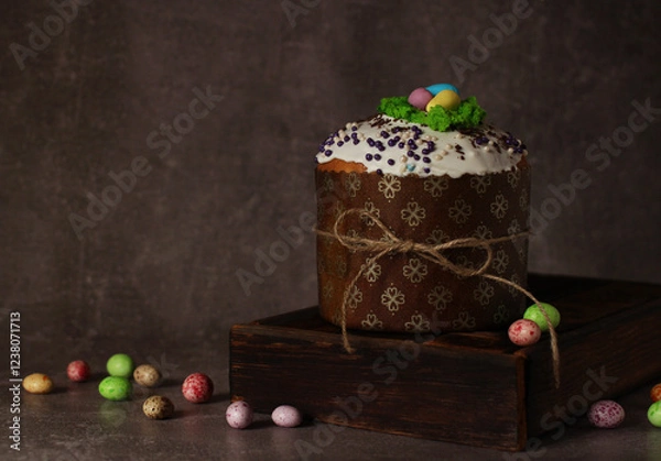 Fototapeta Easter cupcake with icing on wooden box on dark background with colored eggs