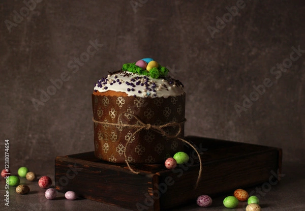 Fototapeta Easter cupcake with icing on wooden box on dark background with colored eggs