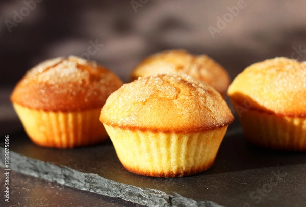 Fototapeta Dessert muffins with sugar crust on a black stand on a dark background