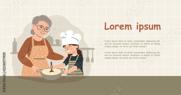 Obraz Grandmother teaches granddaughter to cook. Cooking with kids. Vector illustration. Horizontal banner with space for text