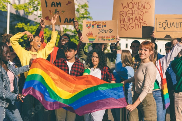 Fototapeta Diverse group of activists at an LGBTQ and women's rights protest