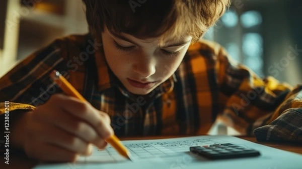 Fototapeta School student focuses on studies with pencil in hand. Make notes and calculations fill paper on desk. Math tasks. Learning and concentration. Pupil boy doing homework close up. Home work closeup.