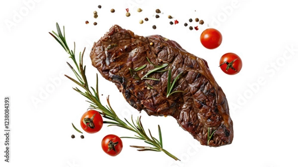 Fototapeta Grilled beef steak decorated with cherry tomatoes, rosemary and spices on transparent background