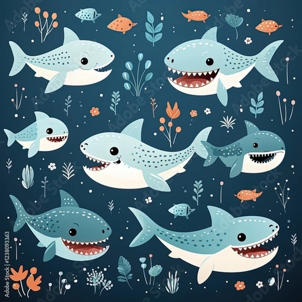 Fototapeta Repeating Shark Pattern in Flat Vector Art for Marine Life Enthusiasts