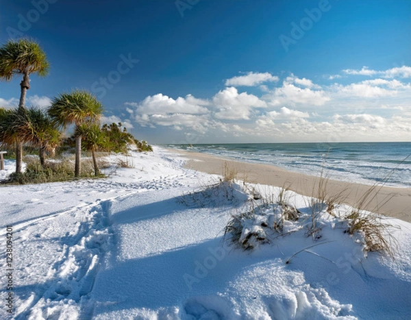 Fototapeta Snow covers Florida's beaches, creating a striking contrast of winter wonderland and tropical charm in a serene coastal environment