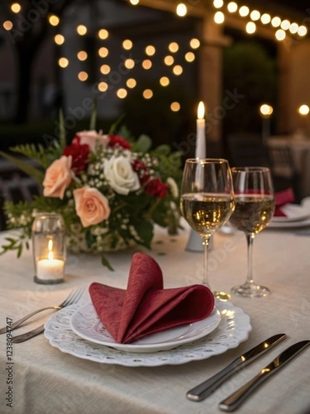 Fototapeta Happy Valentine's Day: Candlelight Dinner Setup with Wine and Heart Napkin