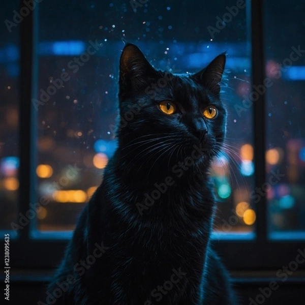 Fototapeta A glowing black cat with its outline reflected perfectly in the glass of the window, neon lights swirling around it like a halo.