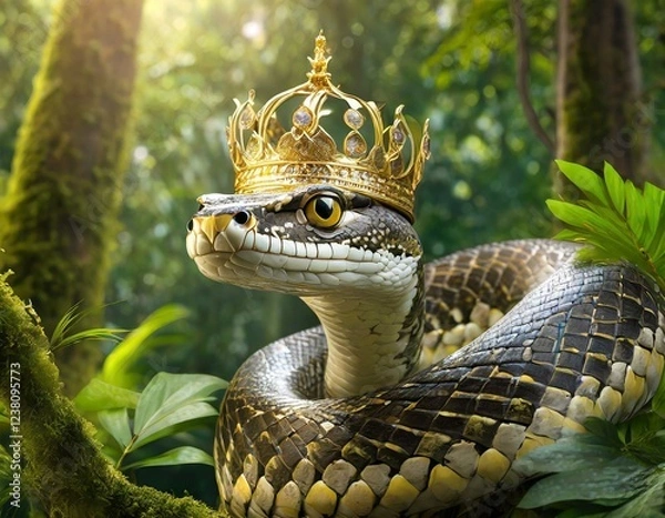 Fototapeta Portrait of a big snake wearing a crown with the rainforest in the background