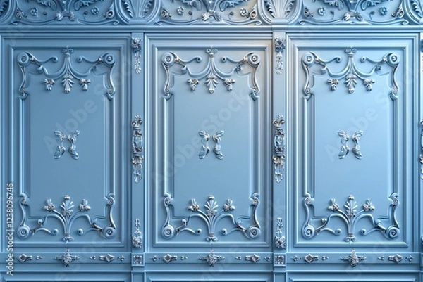 Fototapeta Elegant Blue Wall with Ornate Decorative Moldings and Intricate Floral Patterns, Showcasing Classic Style and Attention to Detail

