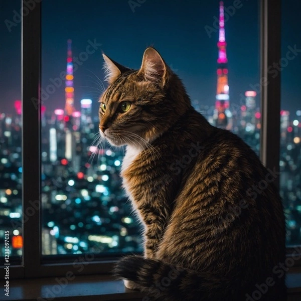 Fototapeta A cat sitting on a windowsill, with neon signs flickering across its fur as Tokyo’s skyscrapers glow in the background.