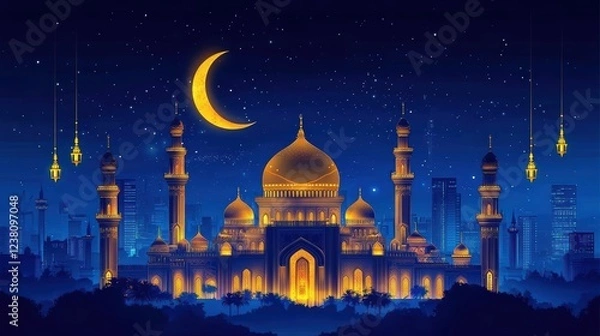 Obraz Elegant mosque lit by golden lights in the city