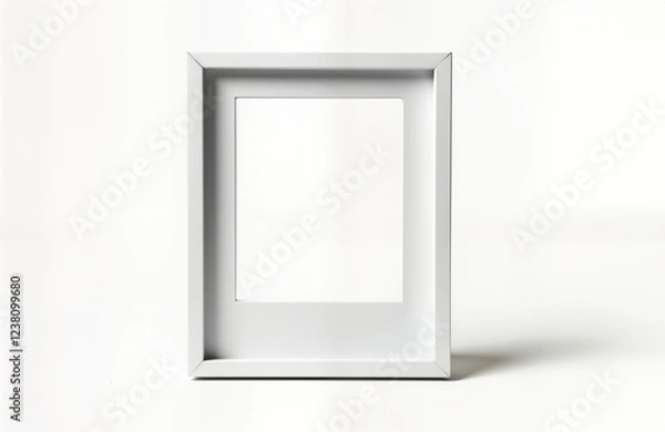 Fototapeta Empty white instant photo frame stands on white background. Simple design. Slight shadow on white surface. Blank frame for adding photo image. Modern, minimalist design for various purposes.