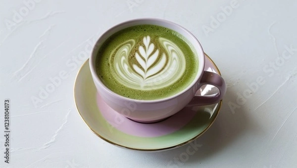 Fototapeta Elegant Matcha Latte with Leaf Latte Art in a Pink Cup on an Iridescent Saucer for Gourmet and Stylish Beverage Concepts