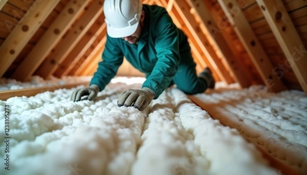 Fototapeta Worker installs insulation in attic space. Person in green uniform, protective work gloves installing insulation in attic. Home improvement tasks enhance energy efficiency. Energy conservation