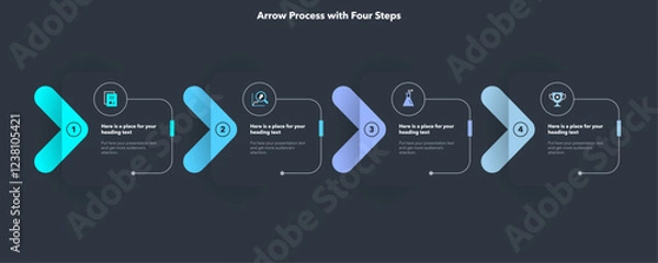Obraz Arrow infographic process template with four steps - dark version. Graphic diagram with numbers and icons for workflow layout, banner or web design.
