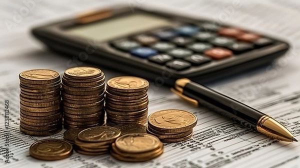 Fototapeta Financial Planning with Coins and Calculator, A calculator pen and stack of coins on top of papers