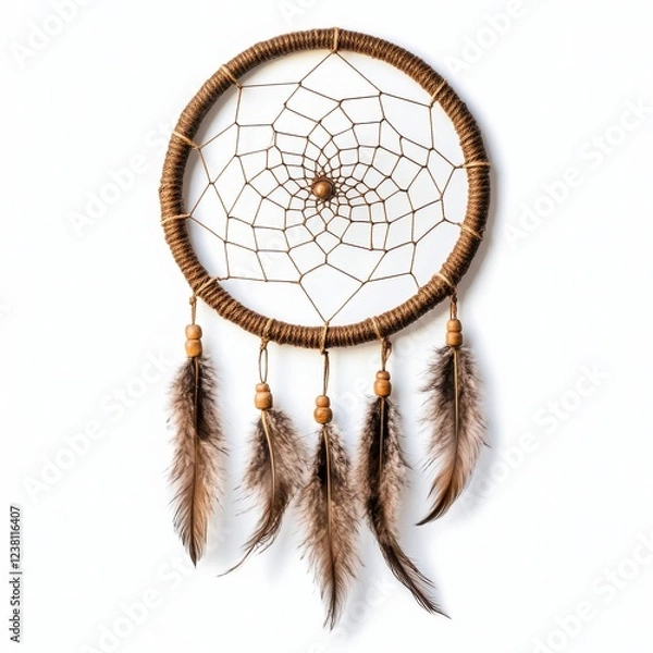 Fototapeta Artistic Dreamcatcher with Feathers: A stylish bohemian decor piece featuring a woven web and natural tones, perfect for home decoration.