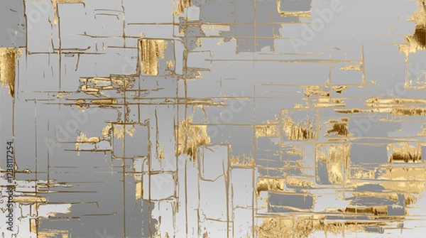 Fototapeta Abstract piece features a minimalist design with structured gold lines over a soft gray backdrop. Its geometric precision and subtle textures create an elegant, modern, and refined composition