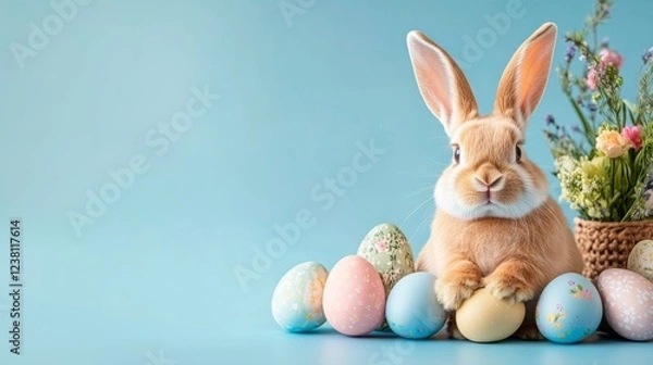 Fototapeta Easter banner with cute bunny with colorful eggs on blue background with space for text