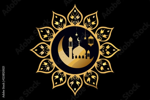 Fototapeta Ramadan Mubarak Paper Cut Vector Design with Arabic Calligraphy, Crescent Moon, Mosque, and Lanterns - Islamic Festival Banner and Poster Illustration