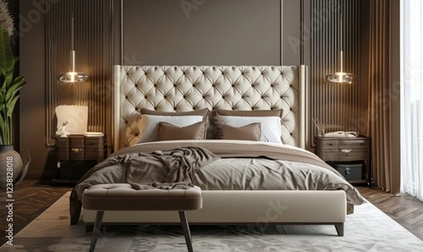 Fototapeta Modern bedroom with a tufted headboard bed and matching bench with hanging lamp on textured elegant brown wall background