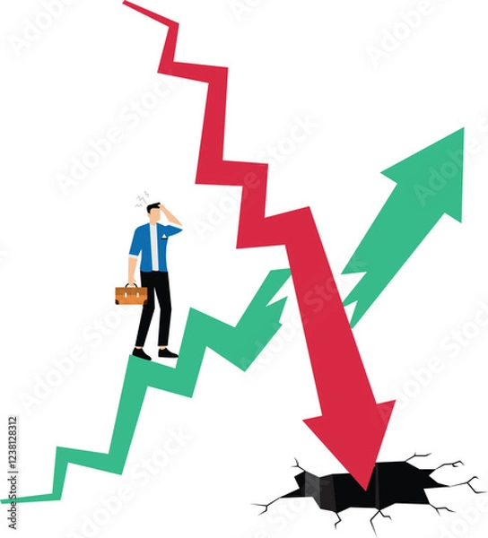 Fototapeta Crash, lagging or recessionary economic or business development, inflation, economic deflation, falling red arrows shattering rising arrows